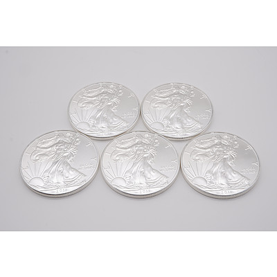 Five 2011 United States of America 1 oz Fine Silver $1 One Dollar Coins