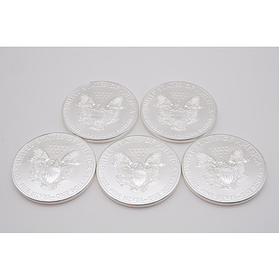 Five 2011 United States of America 1 oz Fine Silver $1 One Dollar Coins