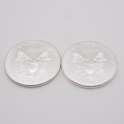 Two 2011 United States of America 1 oz Fine Silver $1 One Dollar Coins