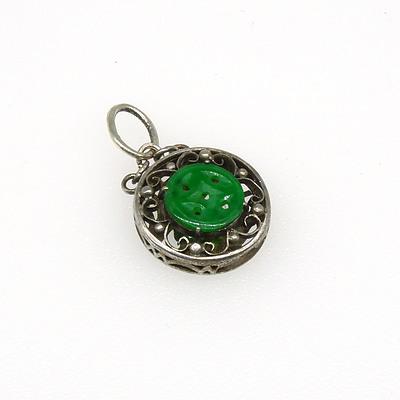 14ct White Gold Round Fancy Box Pendant with Engraved Finish with Centre of Flat Button of Carved Jade (jadeite) on a Silver Scroll Chain