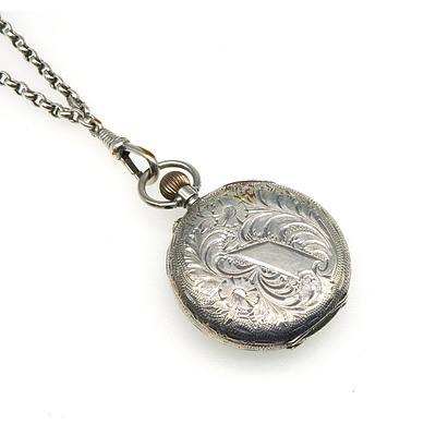 Silver (935) Ladies Swiss Open Hunter Pocket Watch with Engraved Back and Decorative Enamel Dial on Long Sterling Silver Belcher Chain