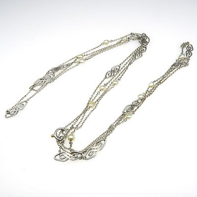 Art Deco Platinum Fine Muff Chain with Natural Pearls, 24.3g