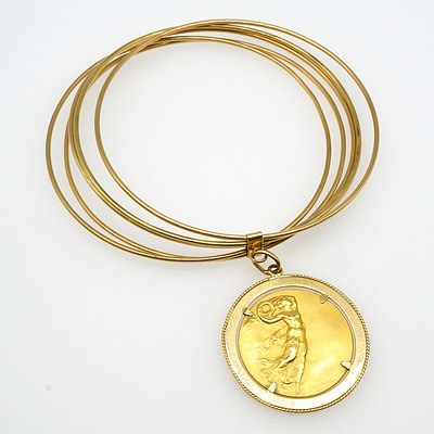 18ct Yellow Gold Five Round Bangles with a Coin Drop in Four Claw Frame, 28.5g