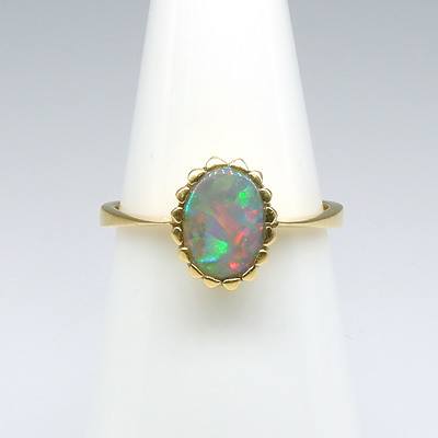 18ct Yellow Gold Solid Dark Opal Ring with Good 'Play of Colour', Including Red