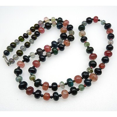 Light Green, Dark Green and Pink Semi Opaque Tourmaline Rondelle Shape Bead Necklace 