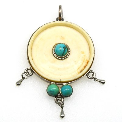 Antique Ivory Disk With Centre Turquoise Cabochon Pendant in Bezel Setting and Two Turquoise at the Base in Silver