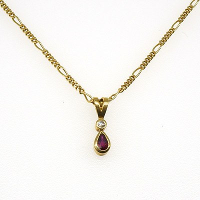 18ct Yellow Gold Long and Short Filed Curb Link Chain, Pendant with Tear Dropped Shaped Ruby and Round Brilliant Cut Diamond Above