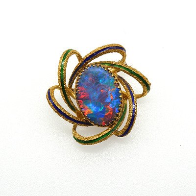 18ct Yellow Gold Black Opal Doublet Brooch with Excellent 'Play of Colour' and Six Gold Wire Swirls with Blue and Green Enamelling Forming a Frame