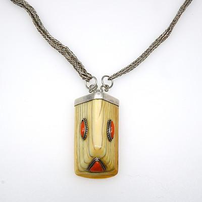 Bone Pendant with Two Marquise and One Triangular Cabochon of Red Coral Inlaid on a Heavy Silver Foxtail Chain