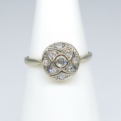Antique 18ct White Gold Ring with Round Disc with Centre Early Brilliant Cut Diamond with Around It In Bead Setting Eight Single Cut Diamonds
