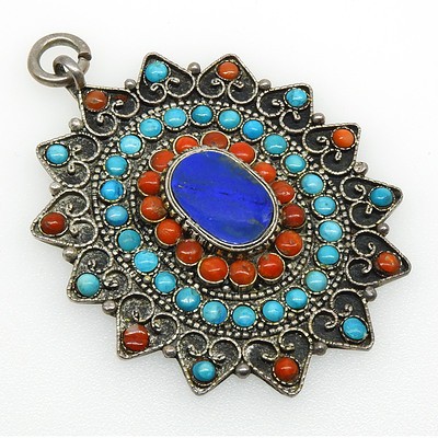 Turkish Silver Filigree Pendant with Round Turquoise and Coral Cabochon and centre Oval Slab of Lapis Lazuli
