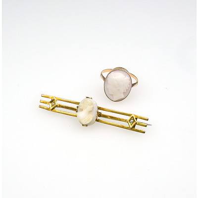 9ct Yellow Gold Ring with Pale Pink Shell Ladies Head Cameo and 9ct Yellow Gold Triple Bar Brooch with White Cameo Centre on Each End of the Bar is a Half Seed Pearl in Bead Setting