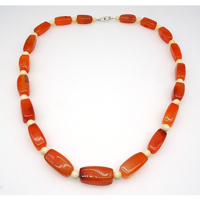 Agate and Ivory Bead Necklace and Half Bead Ivory Stud Earrings