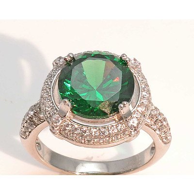 Sterling Silver Ring - Emerald Green Cz, Pave Set With White Cz