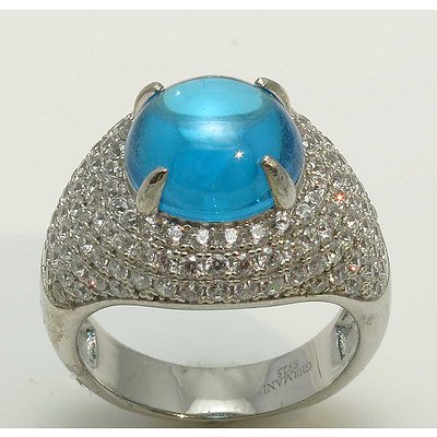 Sterling Silver Ring - Topaz Blue Cz Cabochon, Pave Set With White Cz