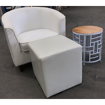 White PU Leather Tub Chair with Ottoman & Side Table