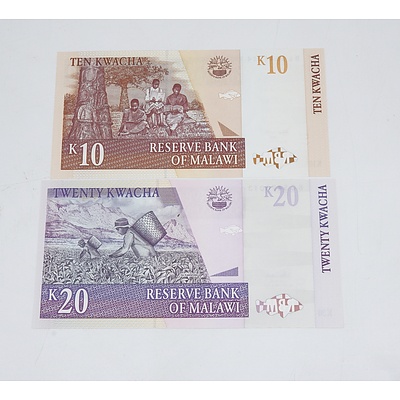 Reserve Bank of Malawi Ten Kwacha and Twenty Kwacha Banknotes Uncirculated
