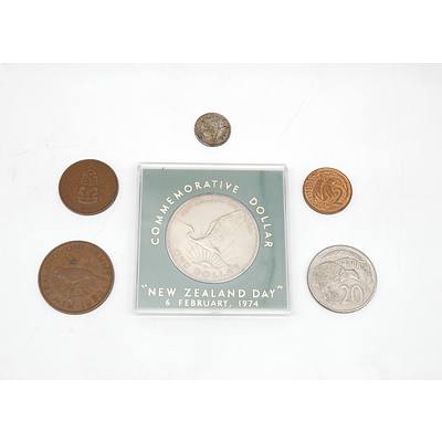 1974 New Zealand Dollar, 1944 Half Penny, 1934 Three Pence, 1958 Penny, 1981 Twenty Cents and 1967 Penny