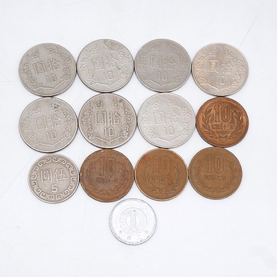 Seven Taiwan 10 Yuan (1981-1993), Four Japan 10 Yen, 1x Japan 1 Yen and 1x Taiwan 5 Yuan