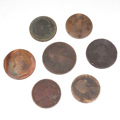 Seven Antique English Pennies and Half Pennies
