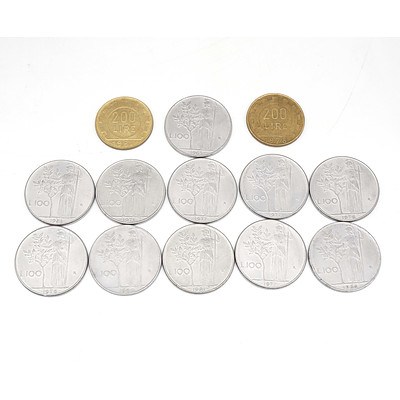 Thirteen Italian Lire Coins