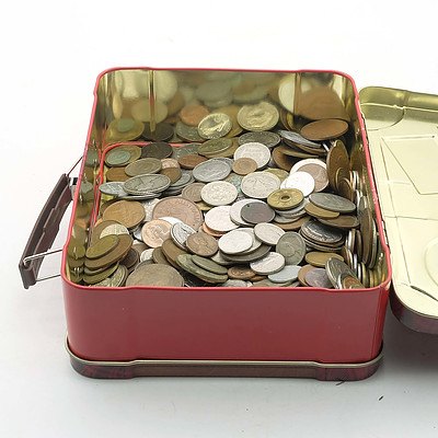 Large Group of International Coins and a Walkers Biscuit Tin