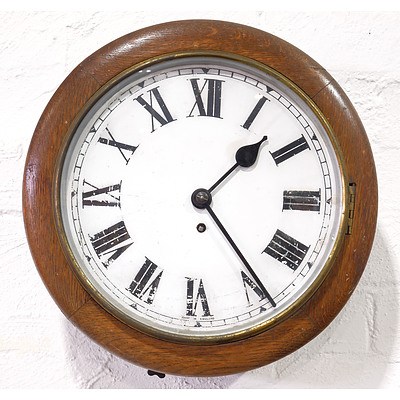Antique English Oak Cased Railway Clock With Fusee Movement