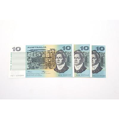 Three Australian $10 Paper Notes, Including Fraser/ Higgins MEV039399, Fraser/Cole MHJ419489 and Fraser/Cole MQQ997263