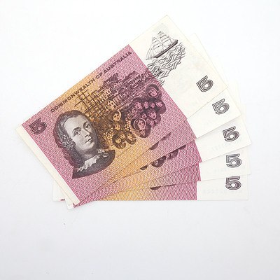 Five Australian $5 Paper Notes, Including Coombs/ Randall NAQ144746, Phillips/ Randall NEX092140