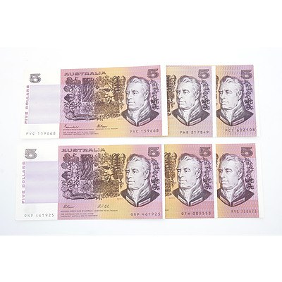 Six Australian $5 Paper Notes, Including Knight/Stone PCY602508, Johnston/Stone PHK217849, Johnston/ Fraser PVC159668