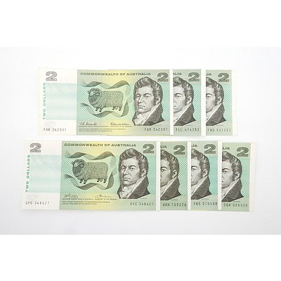 Seven Commonwealth of Australia $2 Paper Notes, Including Coombs/ Wilson FAR242301, Coombs/ Randall FLL474283