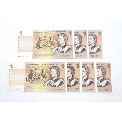 Seven Commonwealth of Australia $1 Paper Notes, Including Coombs/ Wilson AAF017970, Coombs/ Randall AHH521760