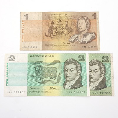 Three Australian Paper Notes, Including Johnston/ Fraser $2 LFV999929, Knight/ Stone $2 JYE592393 and Knight/ Stone $1 CZK032879