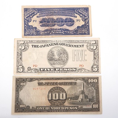 Three Japanese Occupation Currency Notes, 1000, 100 and 5 Pesos