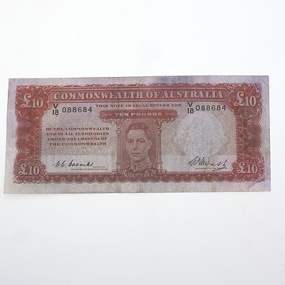1949 Commonwealth of Australia 10 Pound Coombs / Watt Note, V18 088684