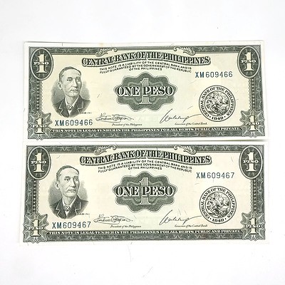 Two Consecutively Numbered Central Bank of The Philippines One Peso Notes, XM609466 - XM609467
