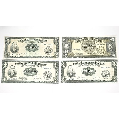 Four Central Bank of The Philippines Notes, Including 20 Pesos DJ799642