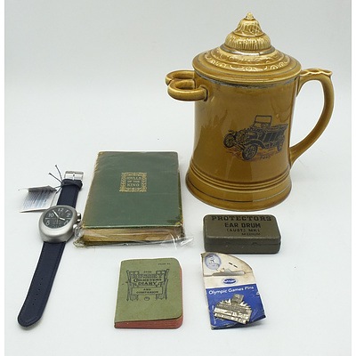 Ford Shaving Mug, Musini Quartz Watch with Leather Strap, Ear Protectors Tin, Bussey Cricketers Diary for 1930, Sydney 2000 Olympic Games Pin and Idylls of the King Book by Tennyson    s