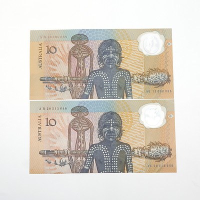 Two 1988 First Prefix Bicentennial Commemorative $10 Notes, AB13090066 and AB20513646