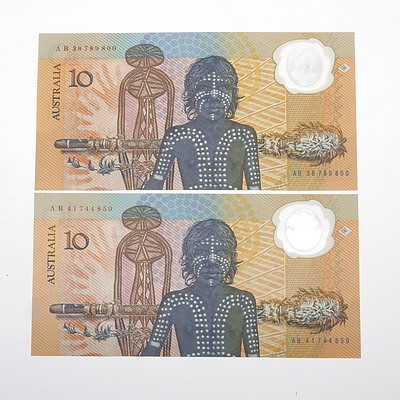 Two 1988 First Prefix Bicentennial Commemorative $10 Notes, AB38789800 and AB41744850