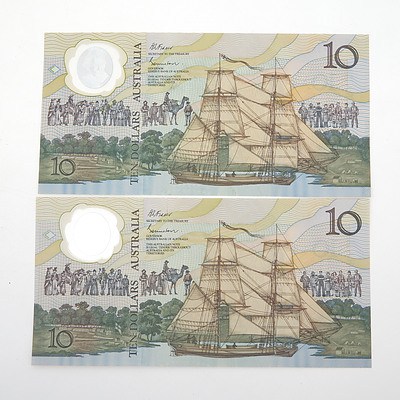Two 1988 First Prefix Bicentennial Commemorative $10 Notes, AB38789800 and AB41744850