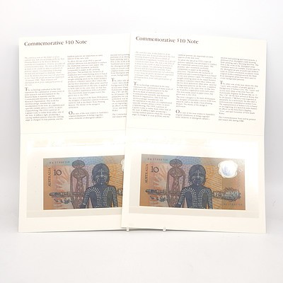 Two 1988 Consecutively Numbered First Prefix Bicentennial Commemorative $10 Notes, AB17053755-AB17053756