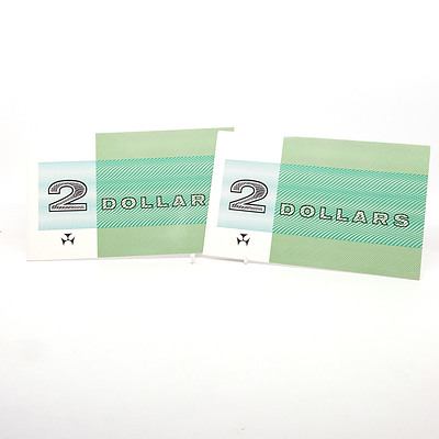 Two Consecutively Numbered $2 Johnston/Fraser Paper Notes with Folders, LPR936225-LPR936226