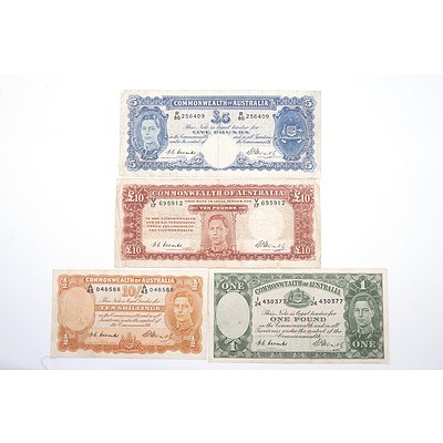 1949 Commonwealth of Australia Coombs/Watts Ten Shillings, One Pound, Five Pounds and Ten Pounds Note