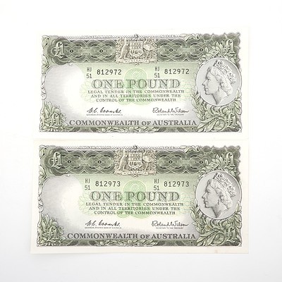Two Commonwealth of Australia Consecutively Numbered Coombs/Wilson One Pound Notes, HJ51 8129672 - HJ51 8129673