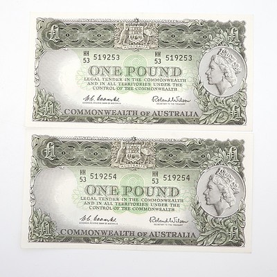 Two Commonwealth of Australia Consecutively Numbered Coombs/Wilson One Pound Notes,HH53 519253- HH53 519254