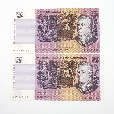 Two Australian Consecutively Numbered Phillips/ Wheeler $5 Paper Notes, NJS985162 - NJS985163