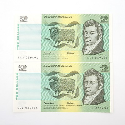 Two Australian Consecutively Numbered Johnston/ Fraser $2 Paper Notes, LLJ039494-LLJ039495