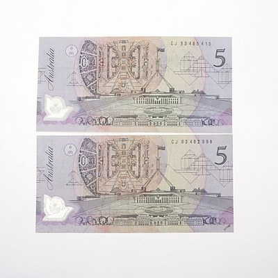 Two Australian 1993 $5 Polymer Notes with Dark Green Serial Numbers , CJ93485415 and CJ93482998