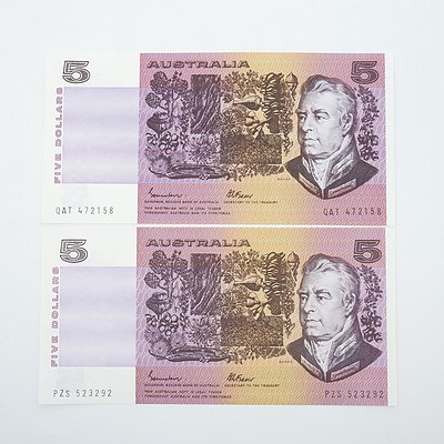 Two Australian Johnston/Fraser $5 Paper Notes, PZS523292 and QAT472158